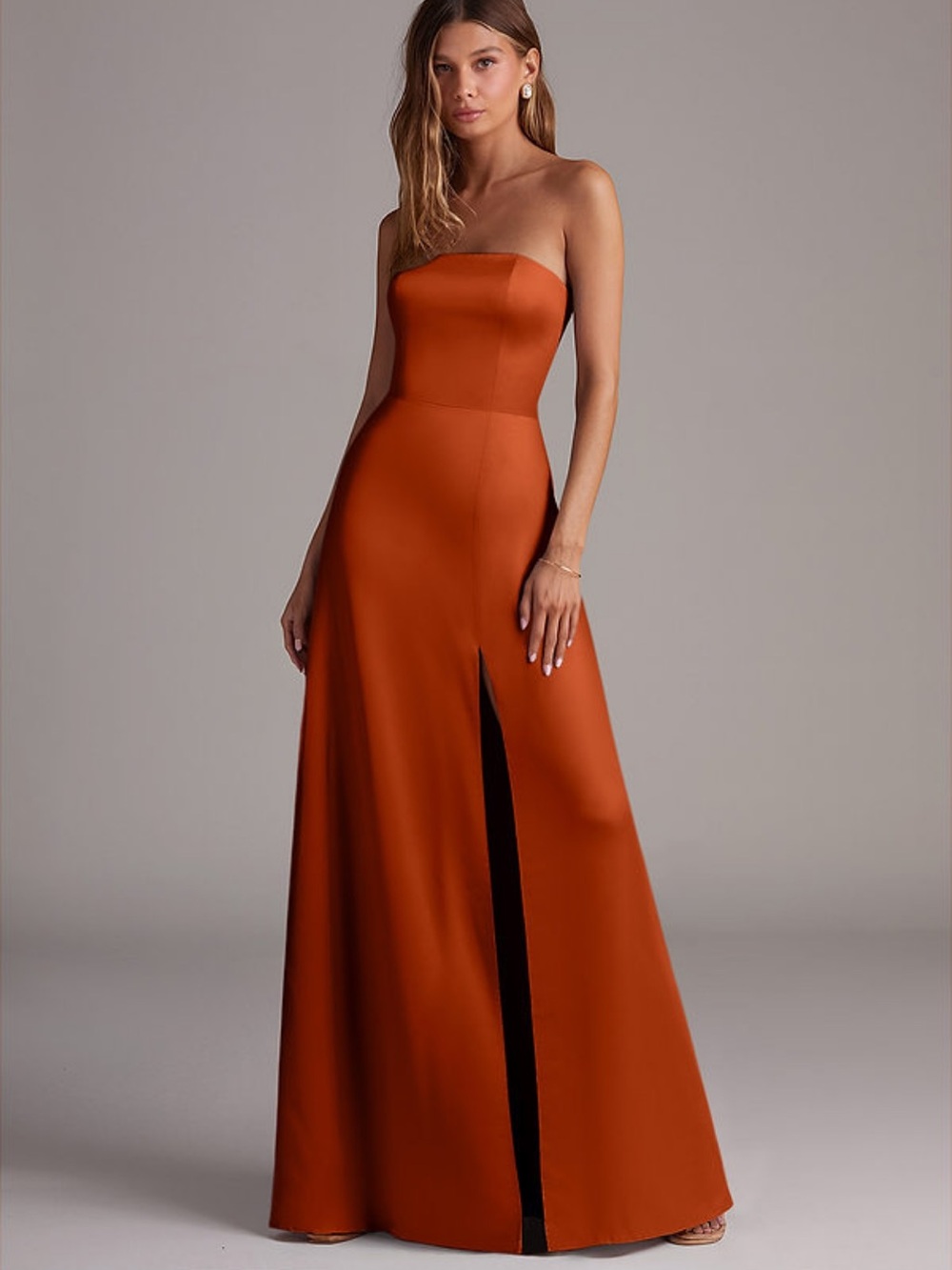 Azazie Wren Paprika Strapless Orange Maxi Skirt with Front Slit